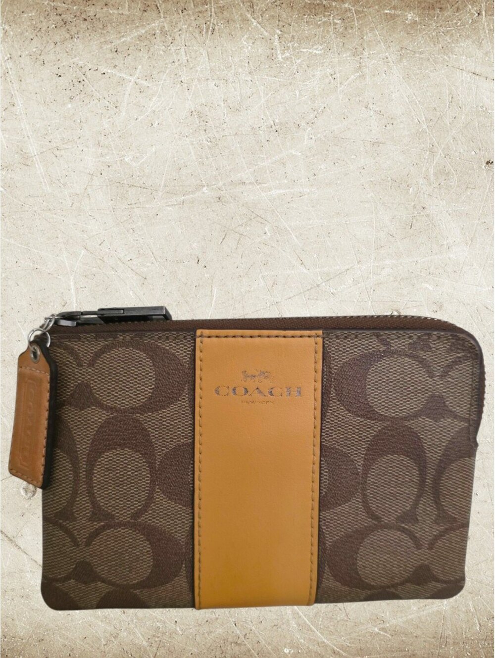 Coach Signature C Leather Racer Stripe Zip Wristlet Brown and Mustard Yellow